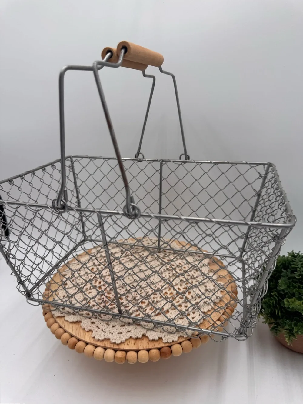 Decorative Wire Market Basket with Wood Handles - Gray